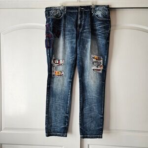 Born Fly Distressed Patchwork Jeans Blue Denim Mens 42 Streetwear Grunge Art